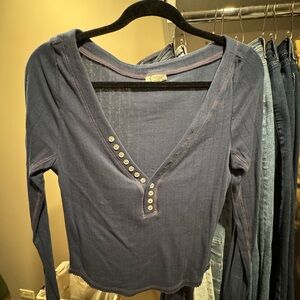 Free People Deep Blue Long Sleeve Top with Button Detail